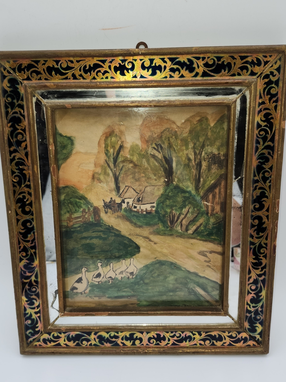 Vintage Antique Frame gold ornate glass Vintage countryside original art 8x10